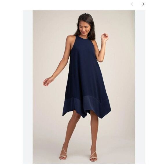 Trina Turk Womans Skye Shift Crepe flowy Dress Size L Navy Blue Cocktail NWT - Picture 1 of 7
